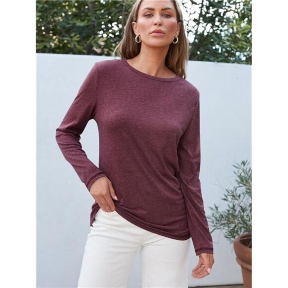Womens Long Sleeve Round Neck Shirts - Basic Tee for Fall Tops and Outfits - Picture 3 of 7